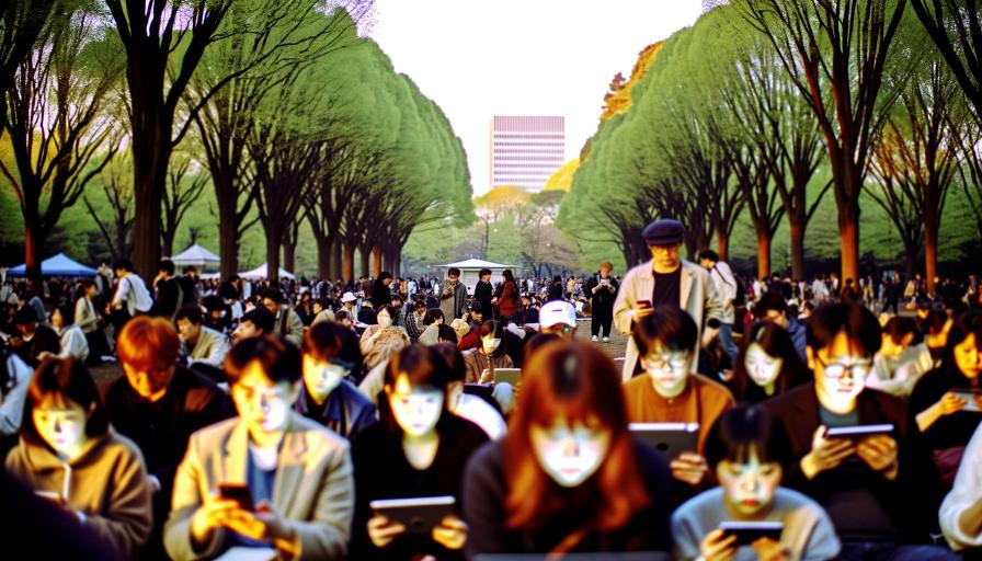 A bustling urban park scene with people on devices using public Wi-fi.