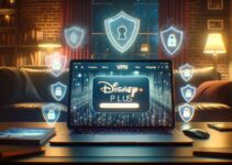 Laptop showing Disney Plus via VPN, highlighting secure and private streaming.