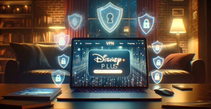 Laptop showing Disney Plus via VPN, highlighting secure and private streaming.