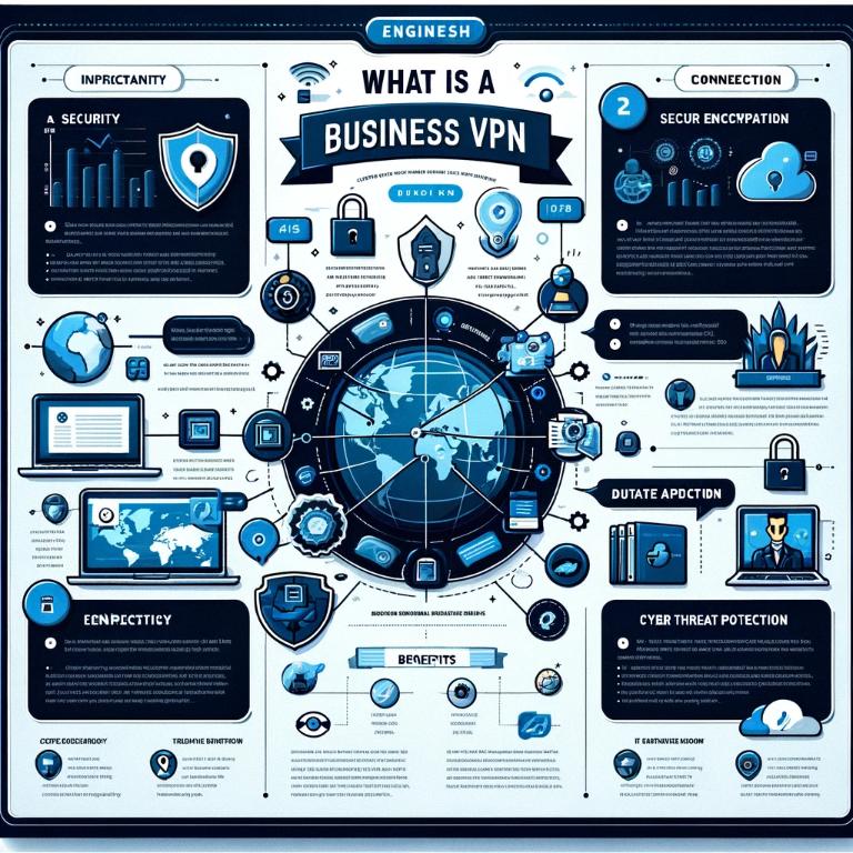 An infographic about Business VPN with icons for security, connectivity, and encryption, outlining benefits & functionality.
