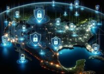 Virtual shields and locks hover over a US map at night, representing cybersecurity connections between cities.