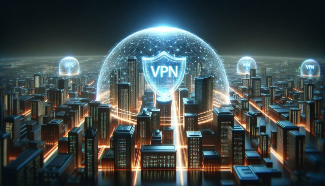 Futuristic cityscape with buildings under a protective dome, symbolizing VPN security.