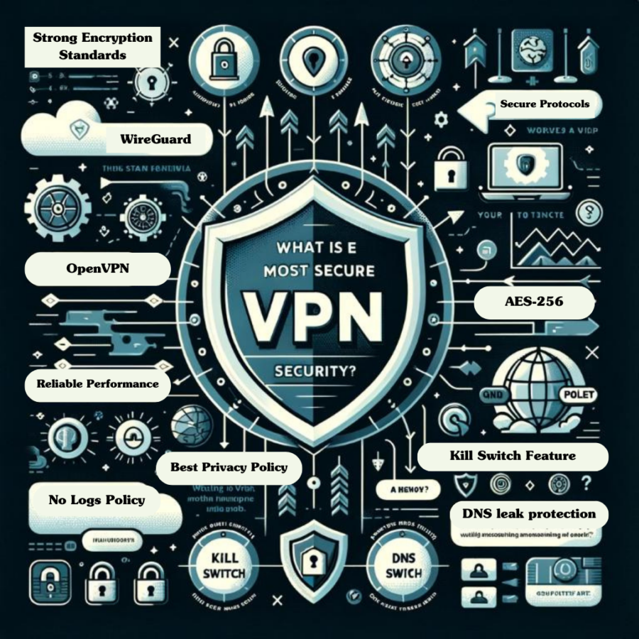 Infographic on the most secure VPN features, including AES-256 encryption, no-logs policy, secure protocols, kill switch, and DNS protection, with symbols like shields and tunnels for visual representation.