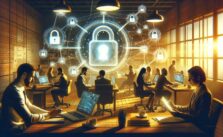 Devices in office space connected by encrypted data, emphasizing secure and efficient VPN
