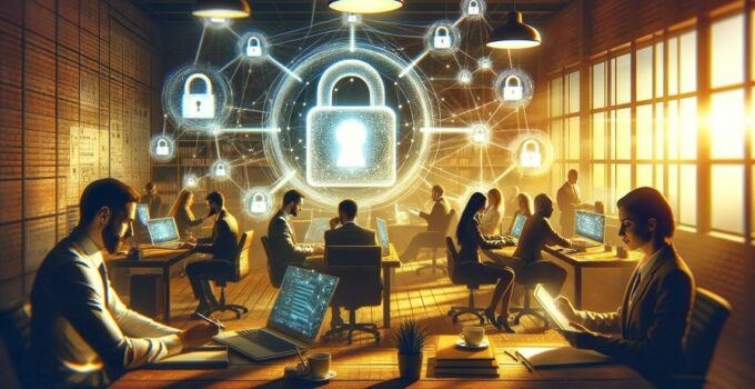 Devices in office space connected by encrypted data, emphasizing secure and efficient VPN