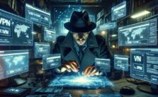 A detective compares VPN deals on holographic screens in a dark, tech-filled den.
