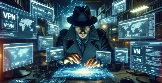 A detective compares VPN deals on holographic screens in a dark, tech-filled den.